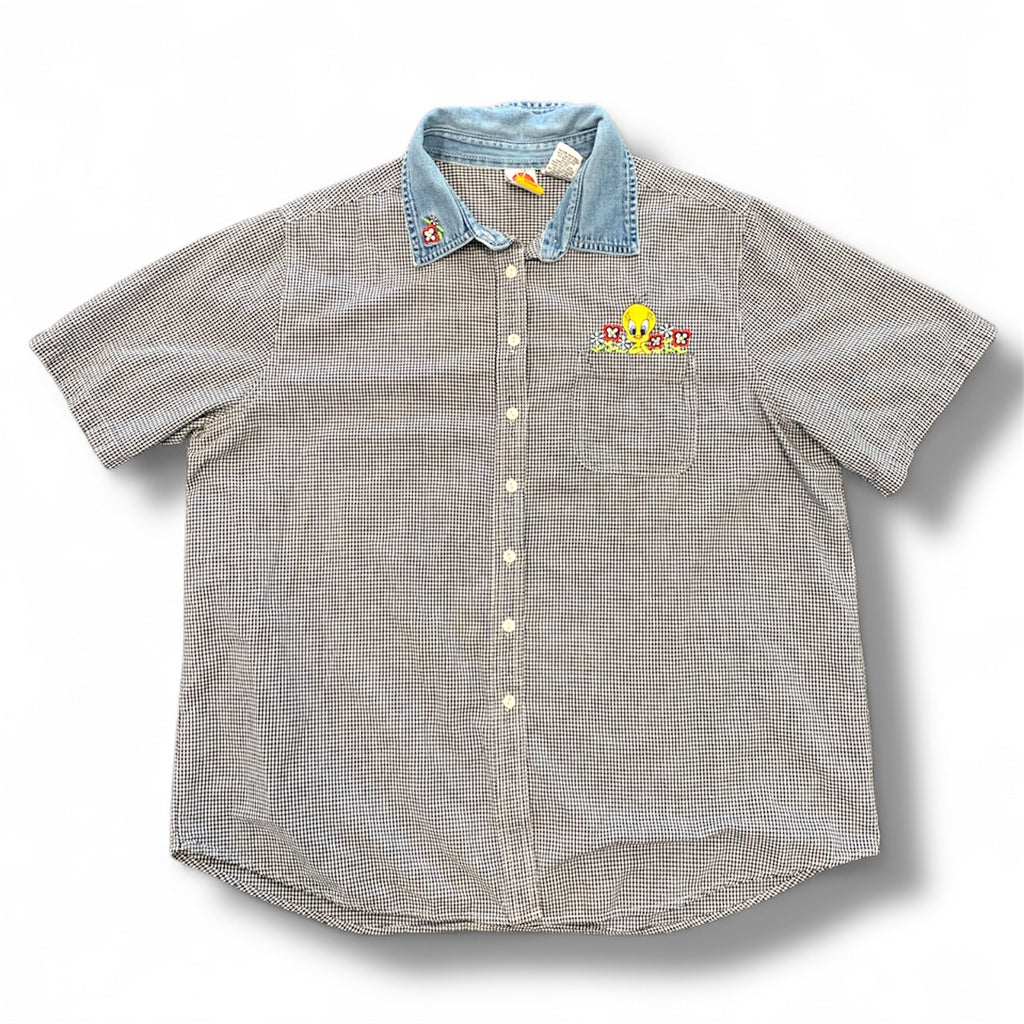 Looney Tunes Tweety Bird Women's Black White Denim Gingham Button Up Sz 18/22