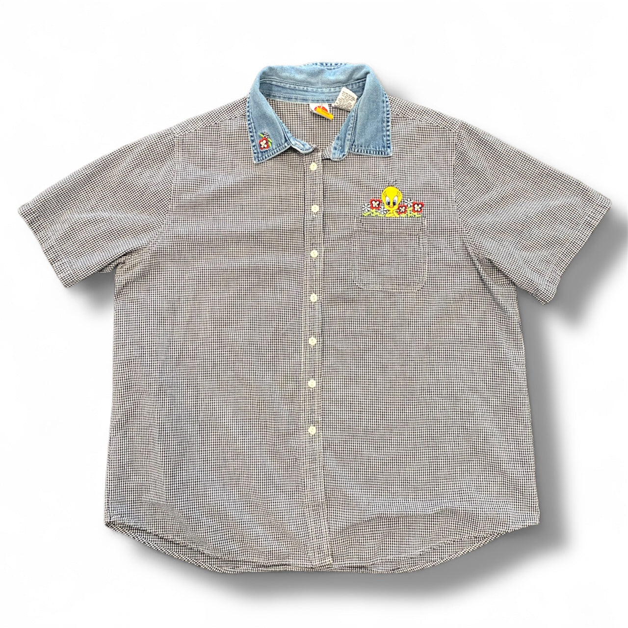 Looney Tunes Tweety Bird Women's Black White Denim Gingham Button Up Sz 18/22