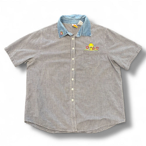 Looney Tunes Tweety Bird Women's Black White Denim Gingham Button Up Sz 18/22