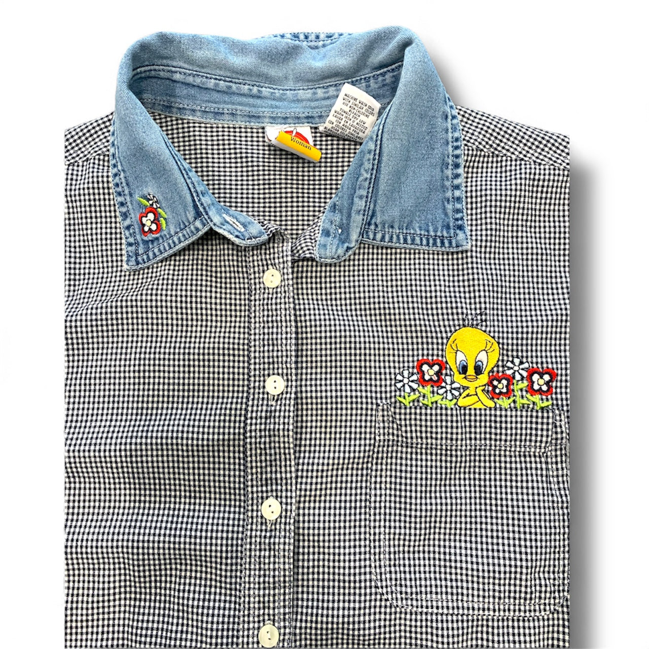 Looney Tunes Tweety Bird Women's Black White Denim Gingham Button Up Sz 18/22