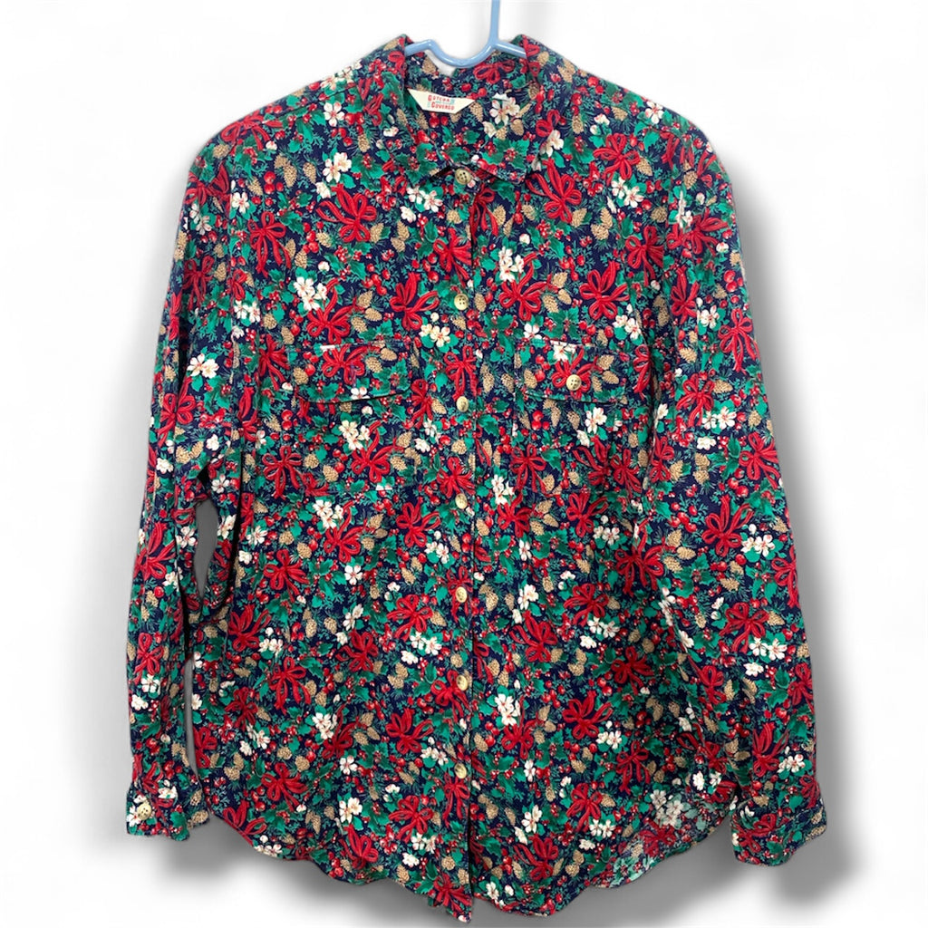Vintage Gotcha Covered Top Womens 2X Green Blue Red Christmas Holly Shirt