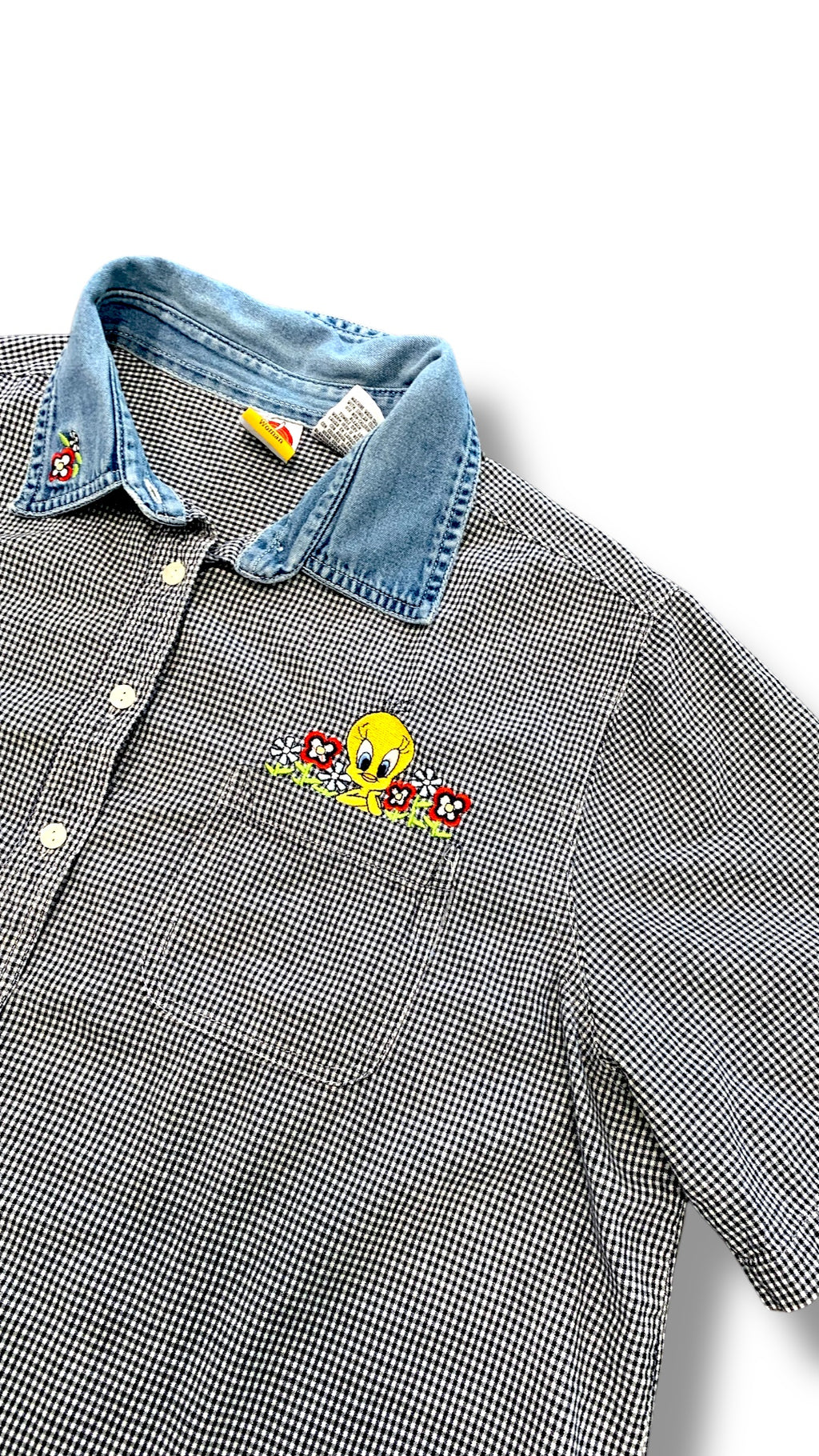 Looney Tunes Tweety Bird Women's Black White Denim Gingham Button Up Sz 18/22