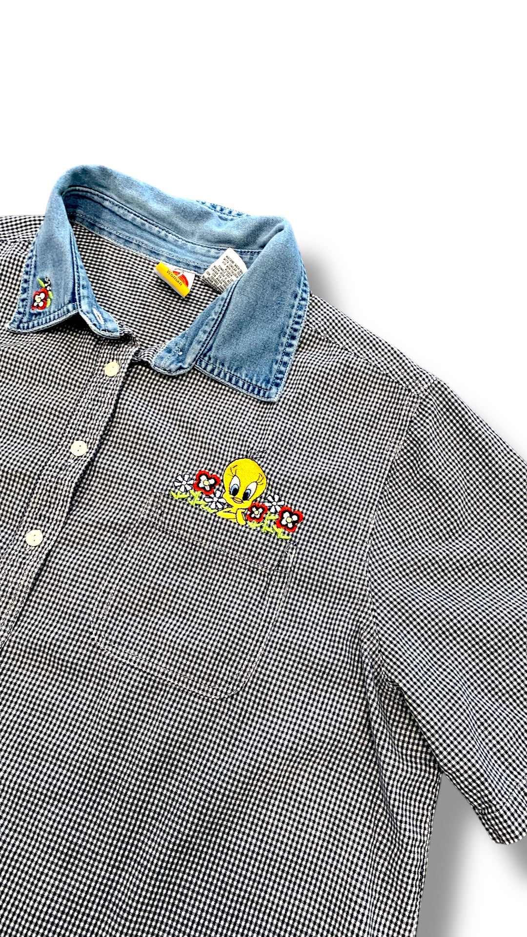 Looney Tunes Tweety Bird Women's Black White Denim Gingham Button Up Sz 18/22