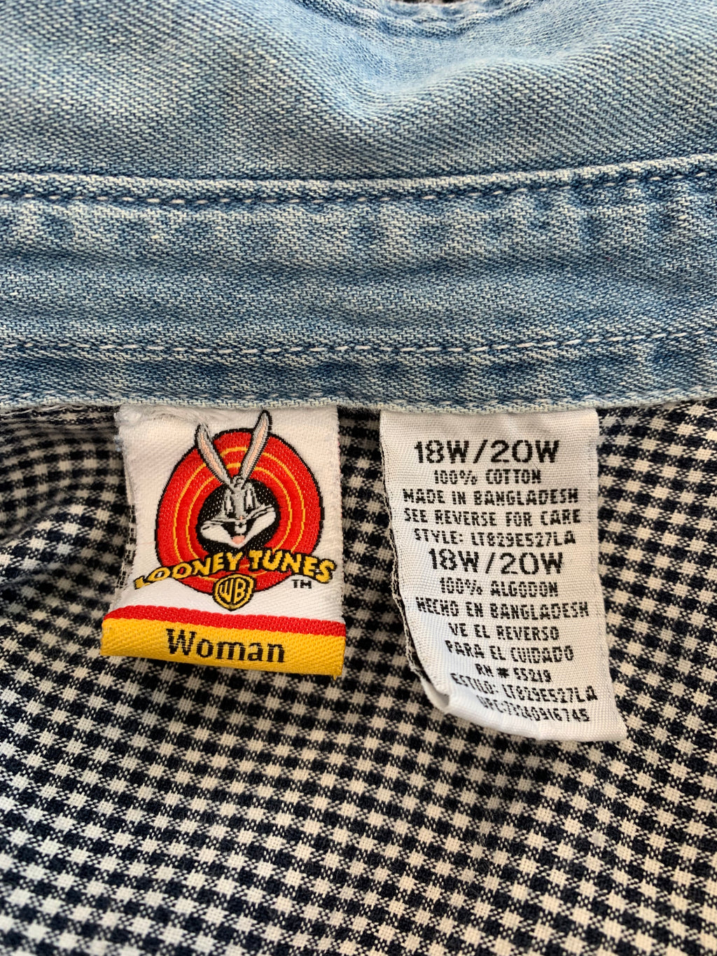 Looney Tunes Tweety Bird Women's Black White Denim Gingham Button Up Sz 18/22