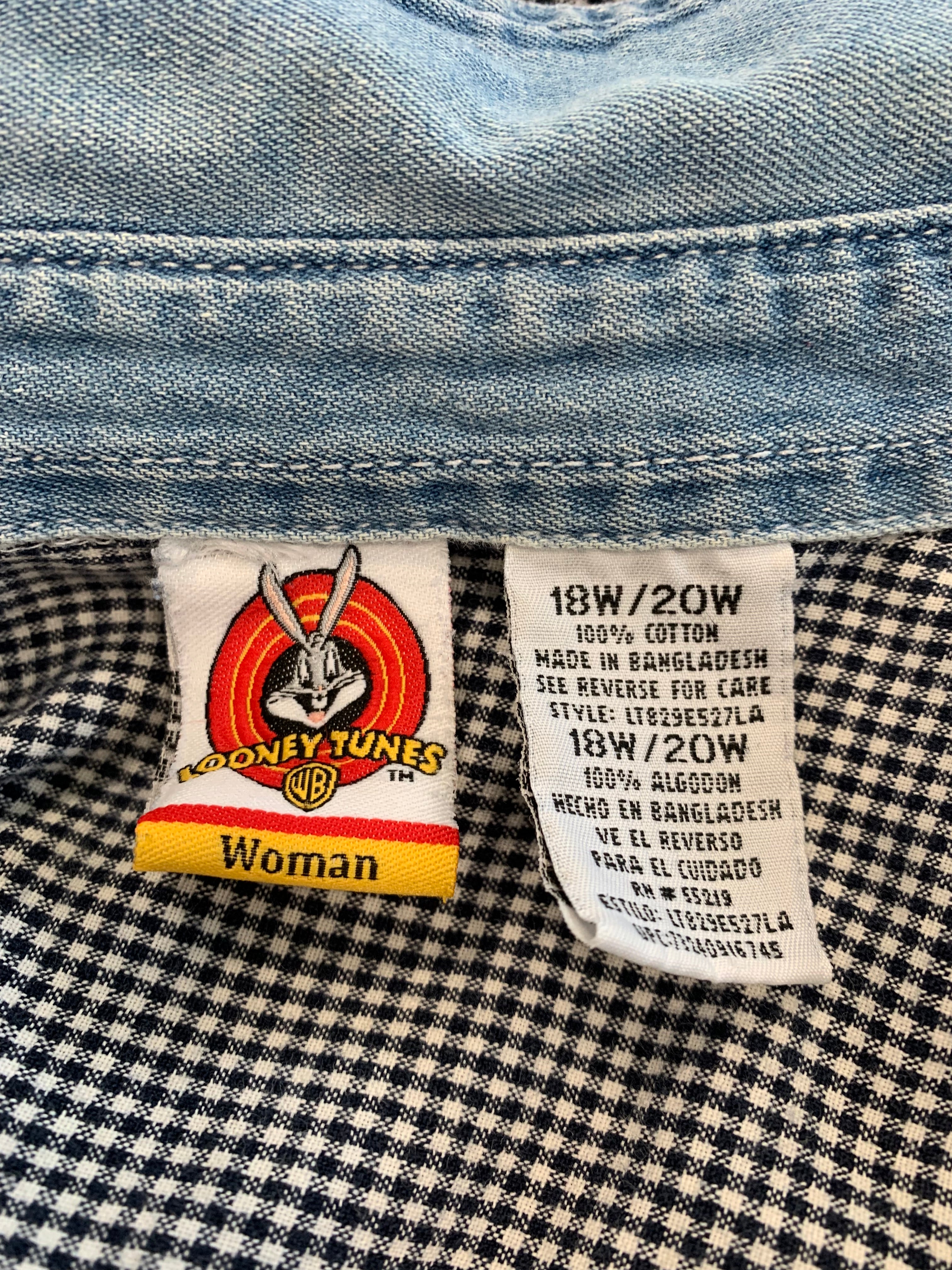 Looney Tunes Tweety Bird Women's Black White Denim Gingham Button Up Sz 18/22